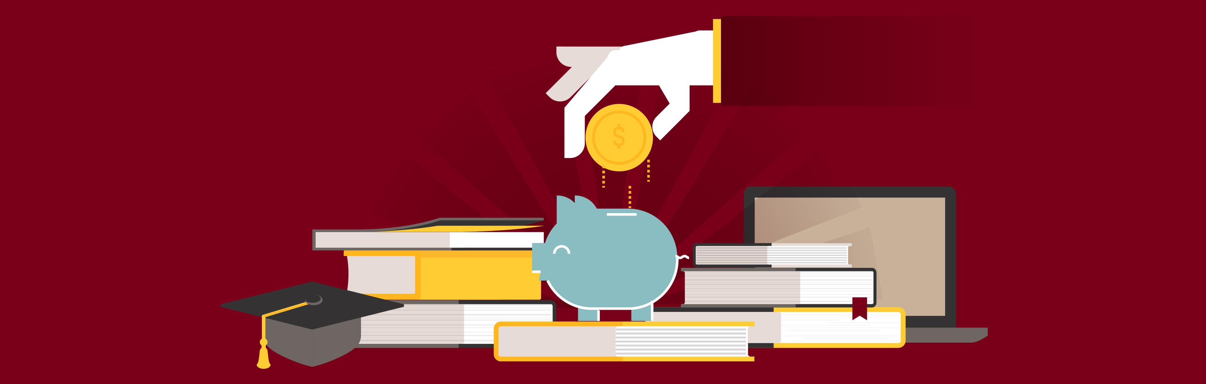 Illustration of hand putting coin into a piggy bank surrounded by books.